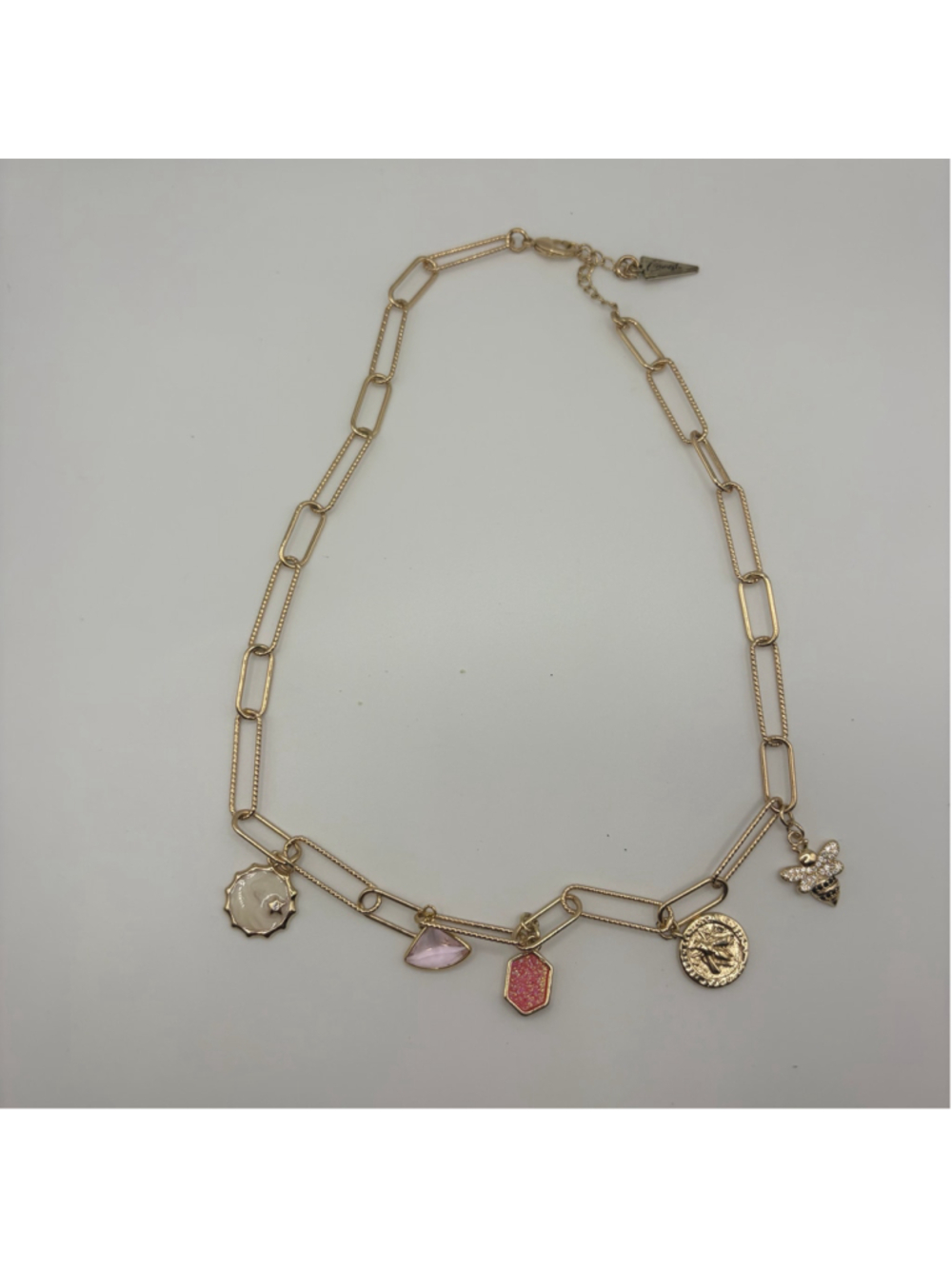 Erimish Gold Tone Paperclip Chain Charm Necklace Pink Bee Coin Signed
